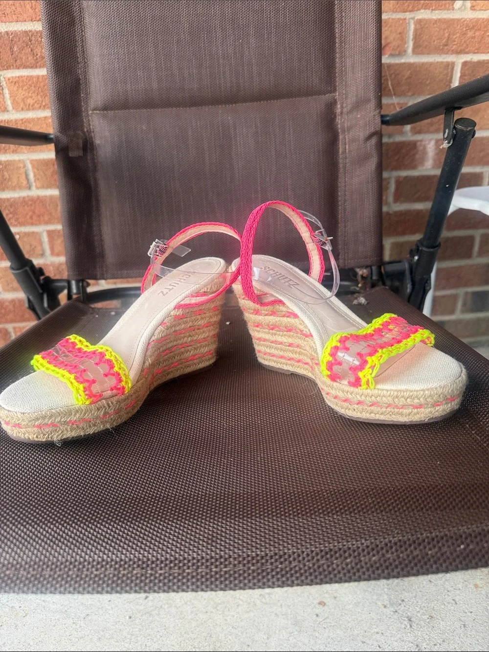 SCHUTZ Neon Pink & Neon Yellow Crochet Espadrille Sandals - Size 7.5 B